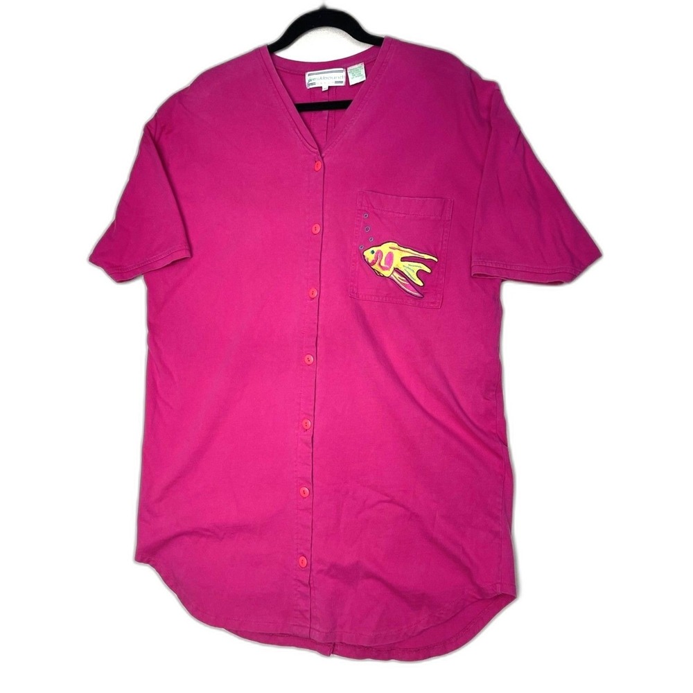 Vtg 90s Westbound Hot Pink Fish Embroidered Button Front Back Short Sleeve Top M